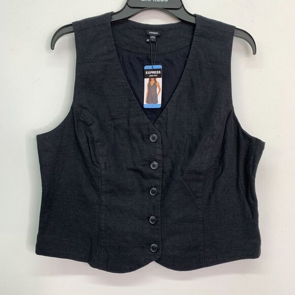 Express Women's Vest L Classic Fit V-Neck Button Up Linen Vest Black Size L - Picture 1 of 7